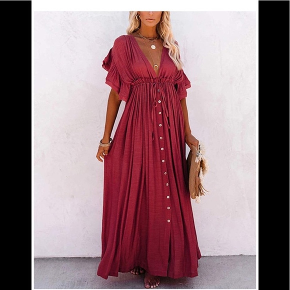 🆕Boho red ruffle maxi dress